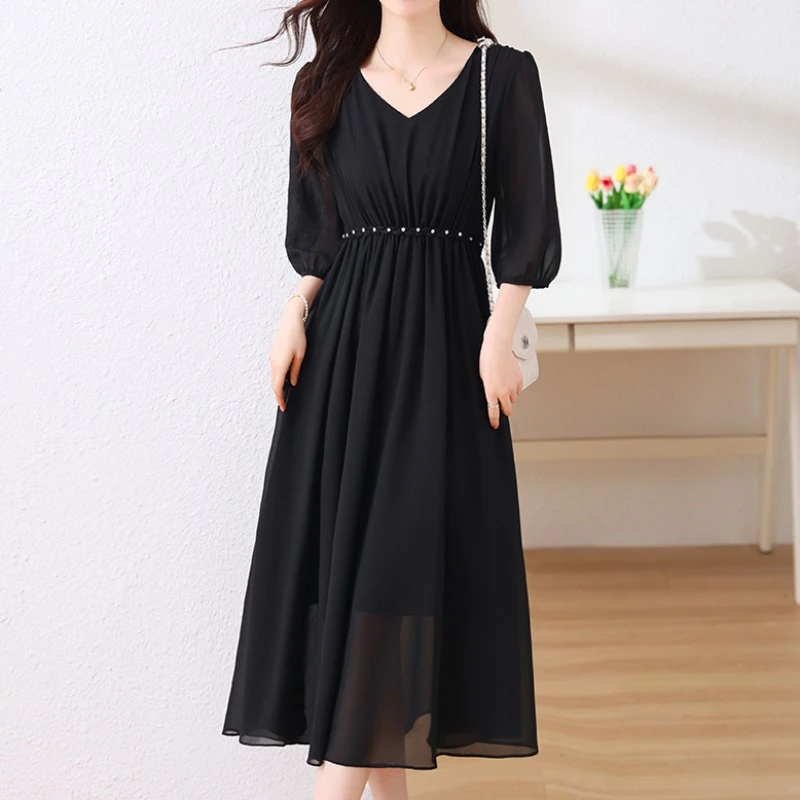 透气雪纺夏天夏季高中腰连衣裙优雅长裙裙子显瘦礼服黑色女装