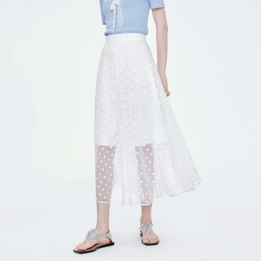 MISS COCOON可可尼波点网纱白色半身裙女2025夏季新款仙气伞裙子