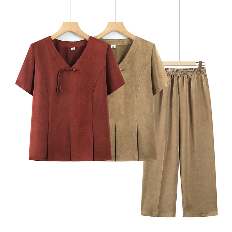 2025夏季新款妈妈装纯色短袖套装气质复古洋气老太太宽松显瘦