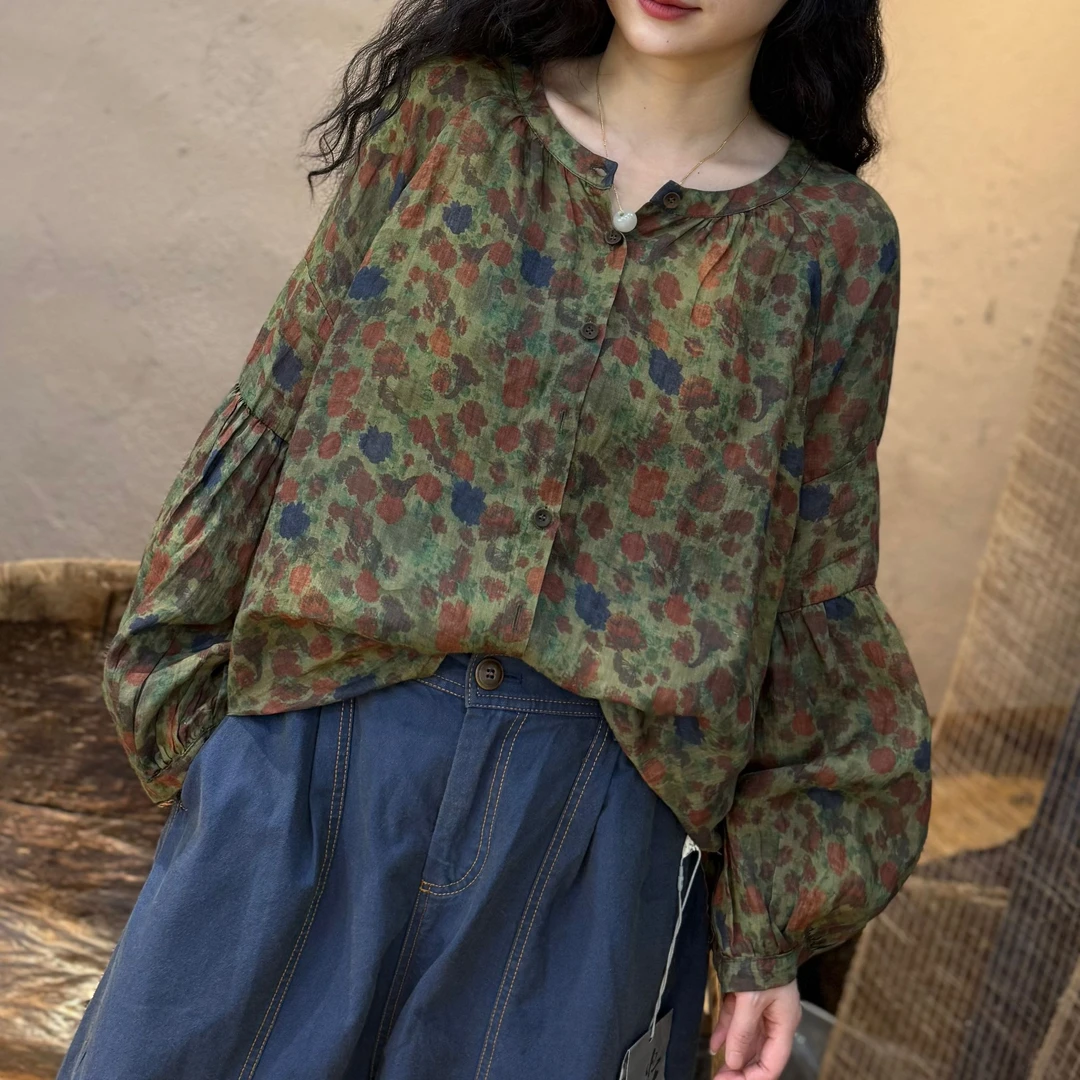 25434忆古朴拙苎麻印花文艺防晒衬衫复古宽松长袖碎花休闲衬衣女