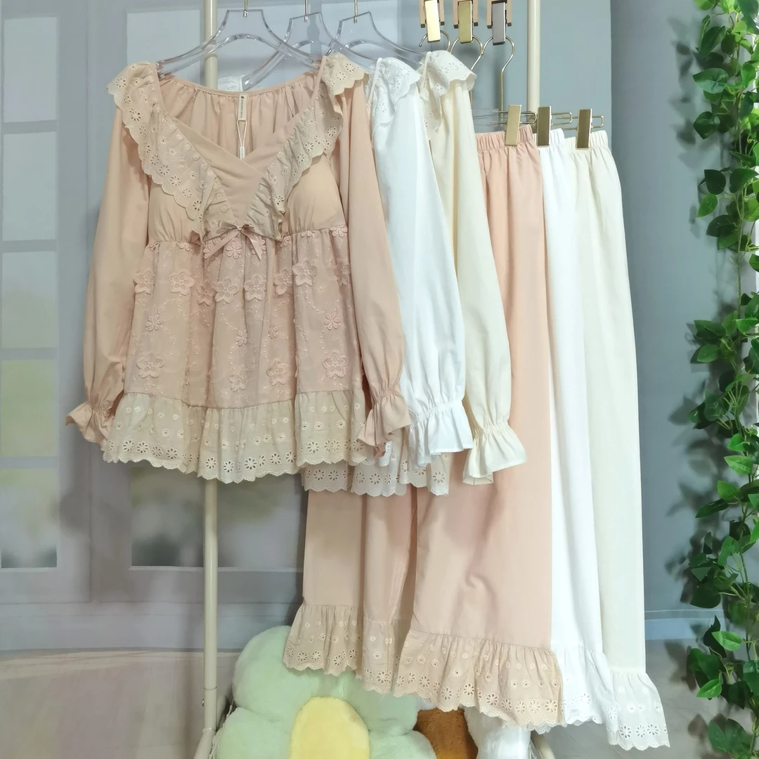 法式宫廷睡衣女秋冬新款加胸垫重工刺绣甜美公主高级感家居服套装