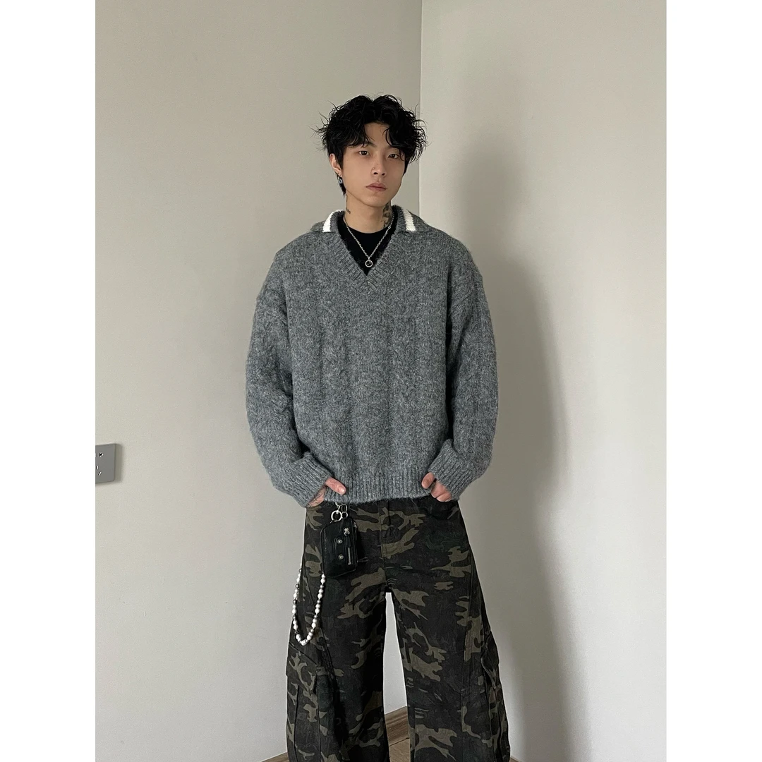 DAYAOBUTAIG美式复古麻花纹高级感V领毛衣老钱风针织衫宽松休闲男