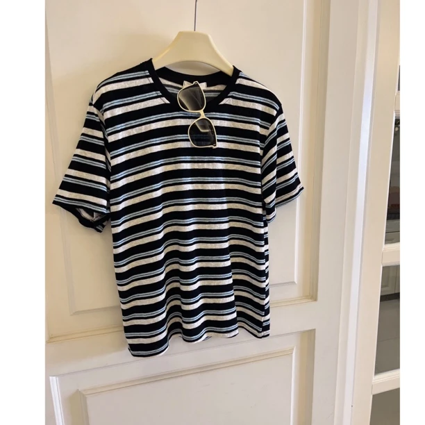 【韩系条纹圆领T恤】夏季新款ins气质百搭圆领短袖设计感撞色上衣