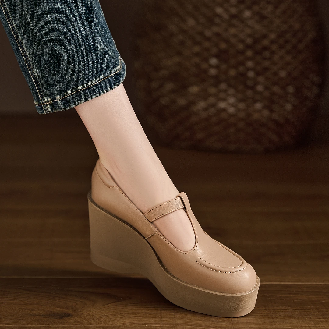 小个子手工女鞋9cm~厚底坡跟单鞋女百搭复古玛丽珍鞋丁字扣小皮鞋