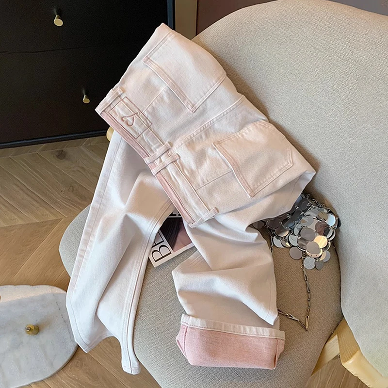 韩版淡粉色直筒高腰牛仔裤女2025春季新款休闲宽松显瘦百搭阔腿裤