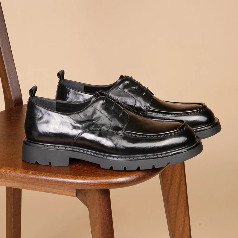 手抓纹商务皮鞋男士圆头系带正装鞋真皮英伦厚底休闲男鞋头层牛皮