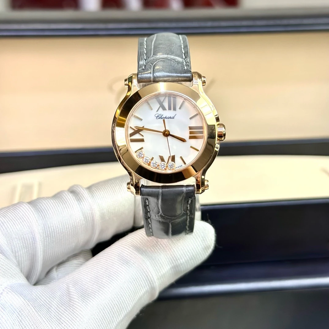 99新 Chopard/萧邦 274189快乐五钻30mm玫金白盘皮带