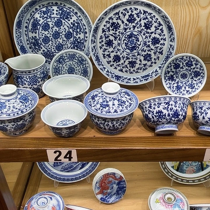 开***海青花莲托八宝7件套 青花缠枝莲5件套