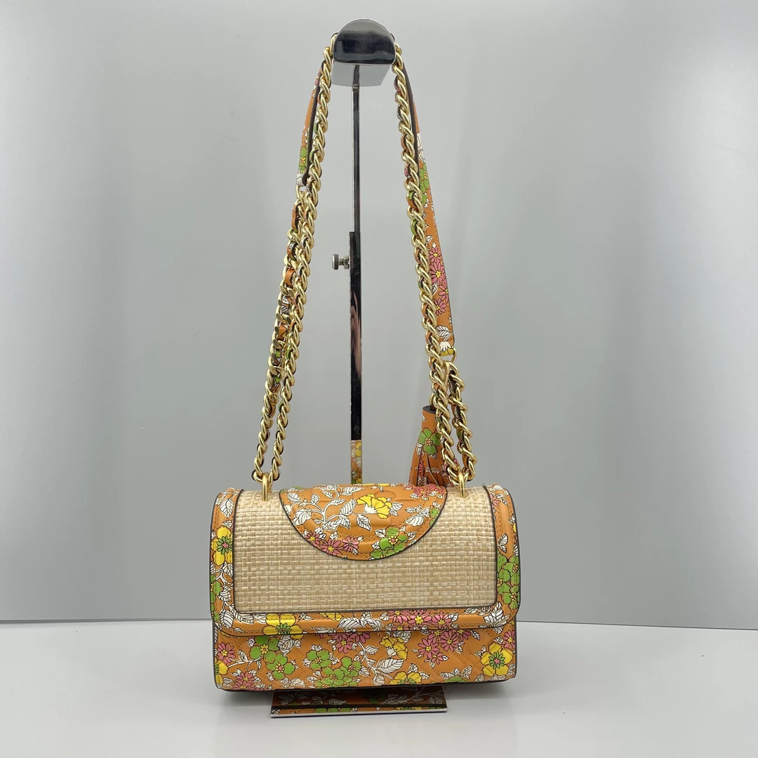 95新 TORY BURCH/汤丽柏琦 fleming橘色花卉链条斜挎包 20*14*6