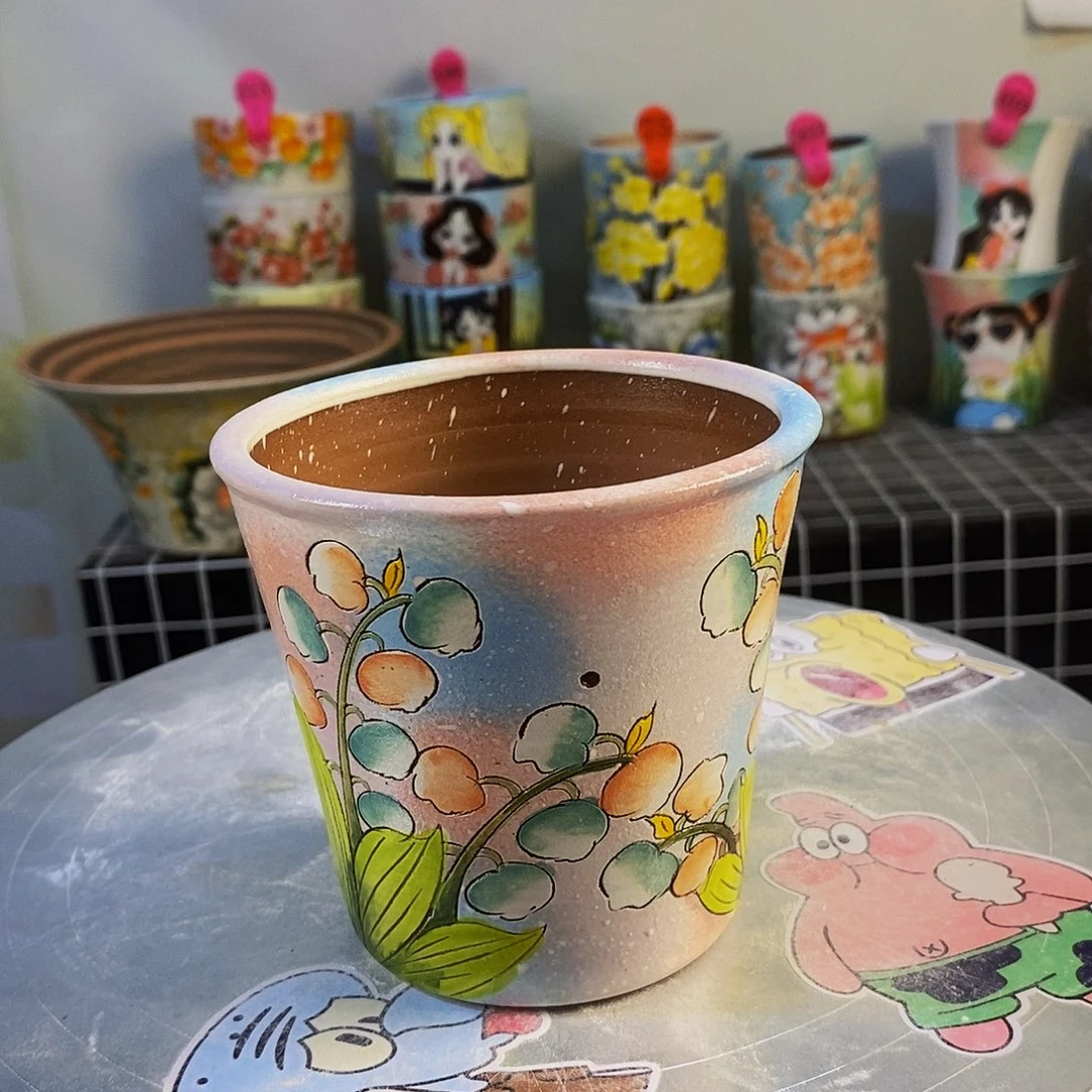 紫砂花盆红陶手绘花盆