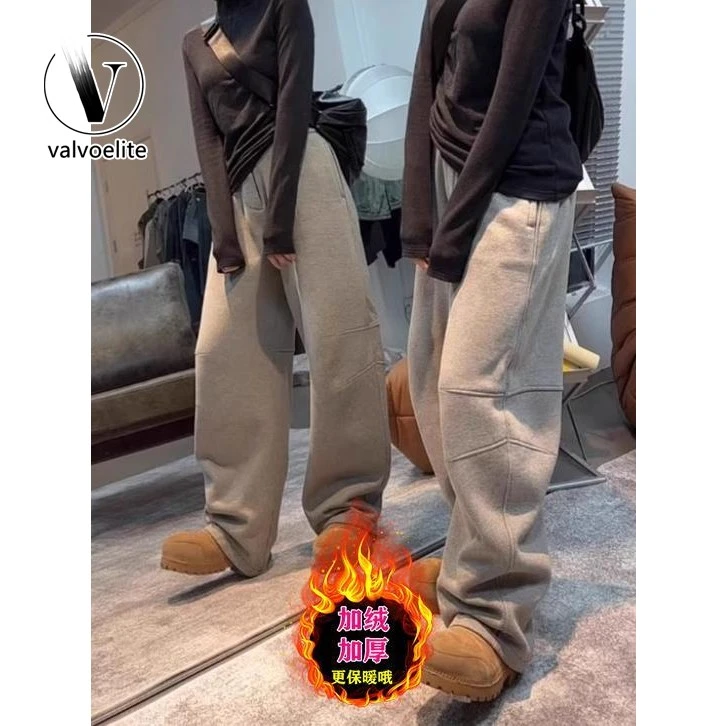 VALVOELITE大码弯刀加绒裤女秋冬新款宽松显瘦加厚保暖阔腿休闲裤