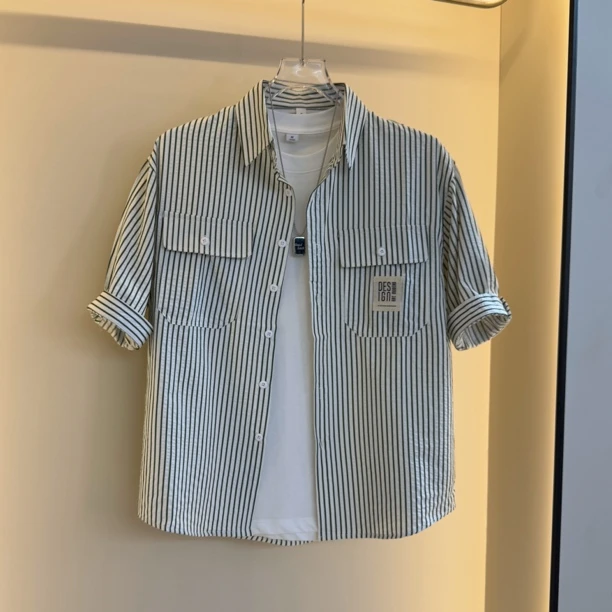 【彤彤】2025夏季新品男士衬衫百搭条纹五分袖衬衣日常百搭显高显瘦