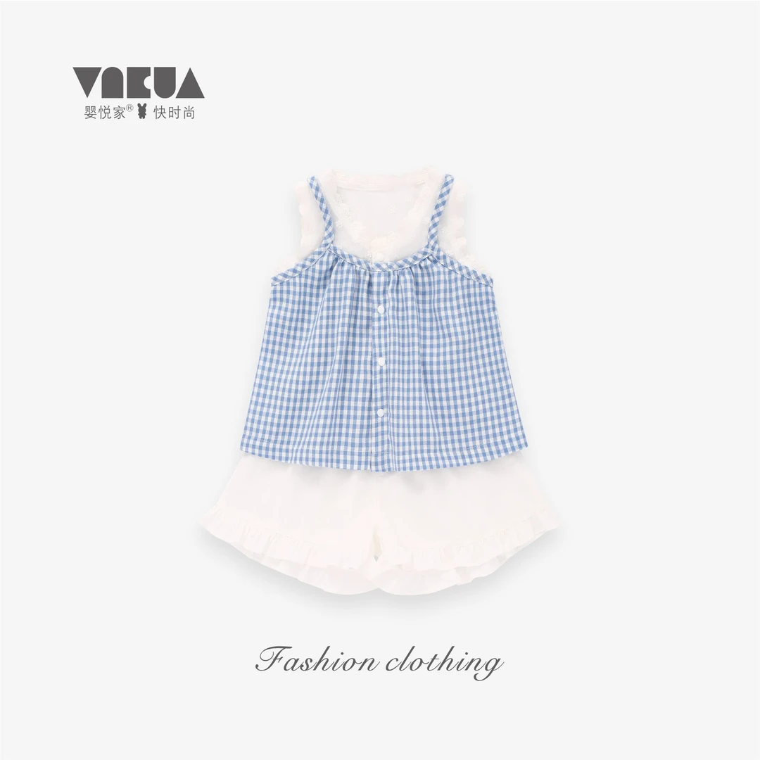 婴悦家夏季女宝宝洋气时尚女童公主甜美格子开胸背心套装87669