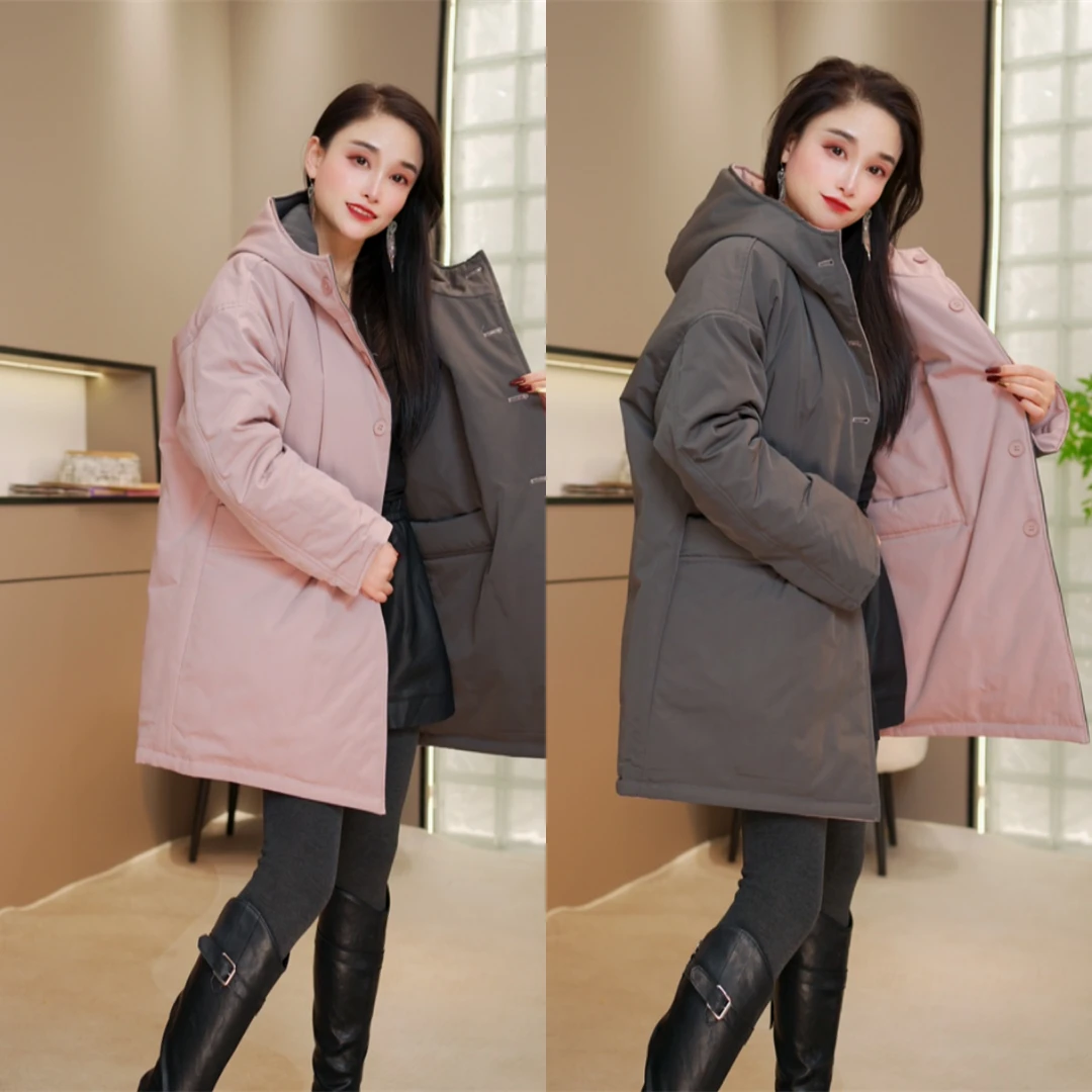 小暖炉双面穿时尚休闲宽松显瘦加厚保暖棉衣女秋冬季连帽棉服外套