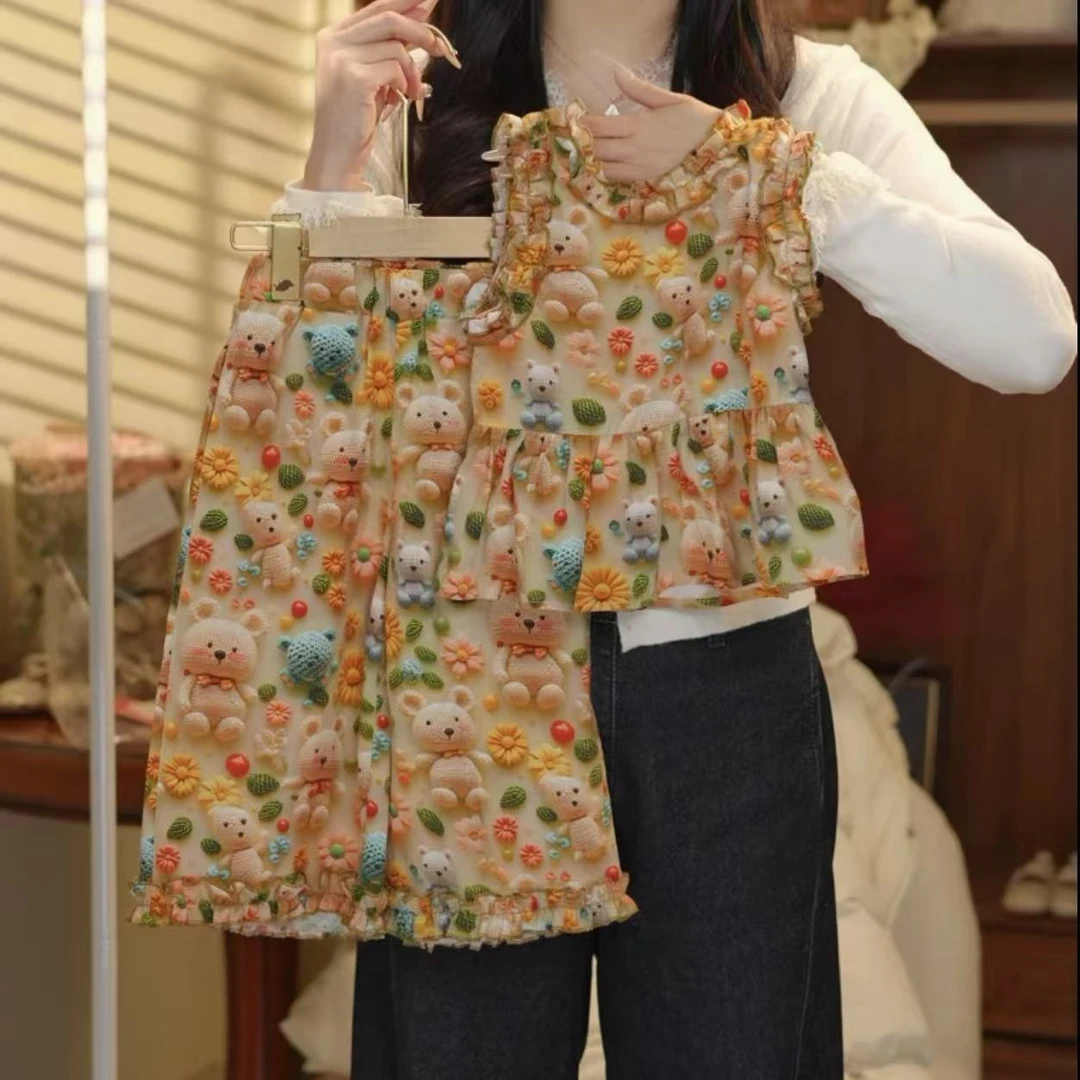 女童碎花套装夏季新款背心阔腿裤2025夏季卡通印花七分裤无袖套装