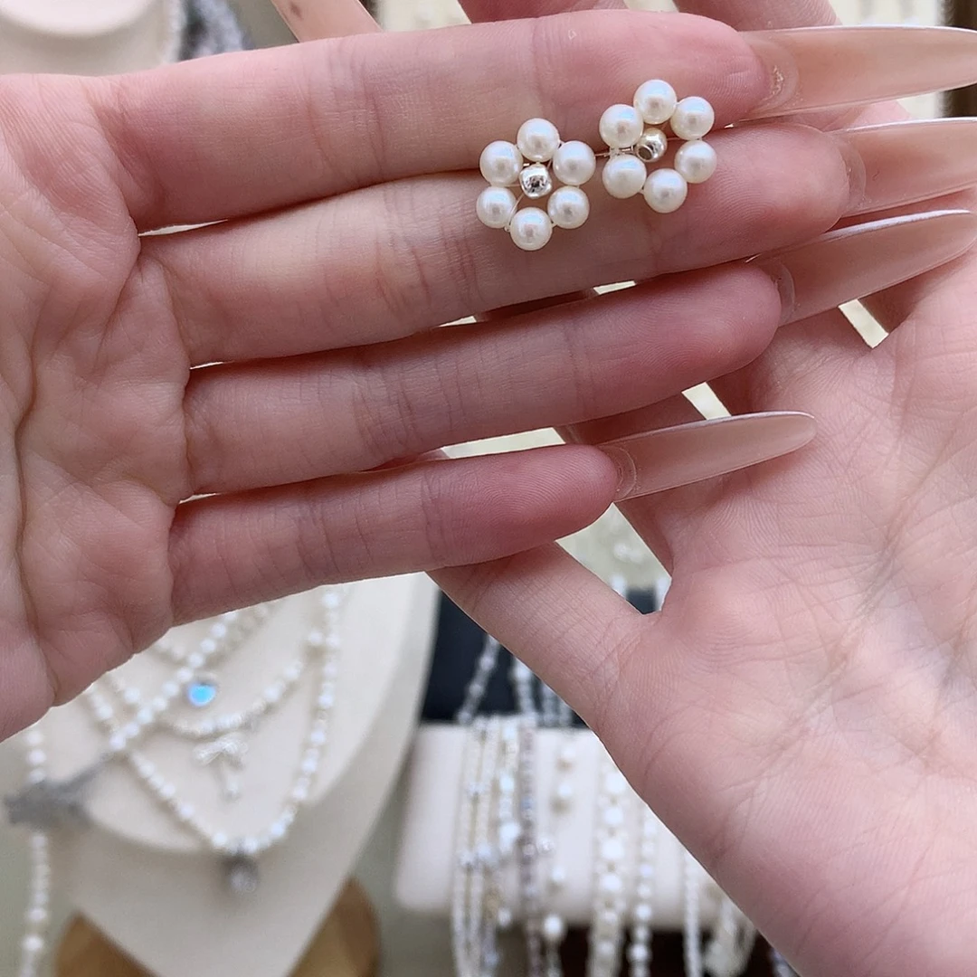 耳饰银S925镶嵌淡水珍珠