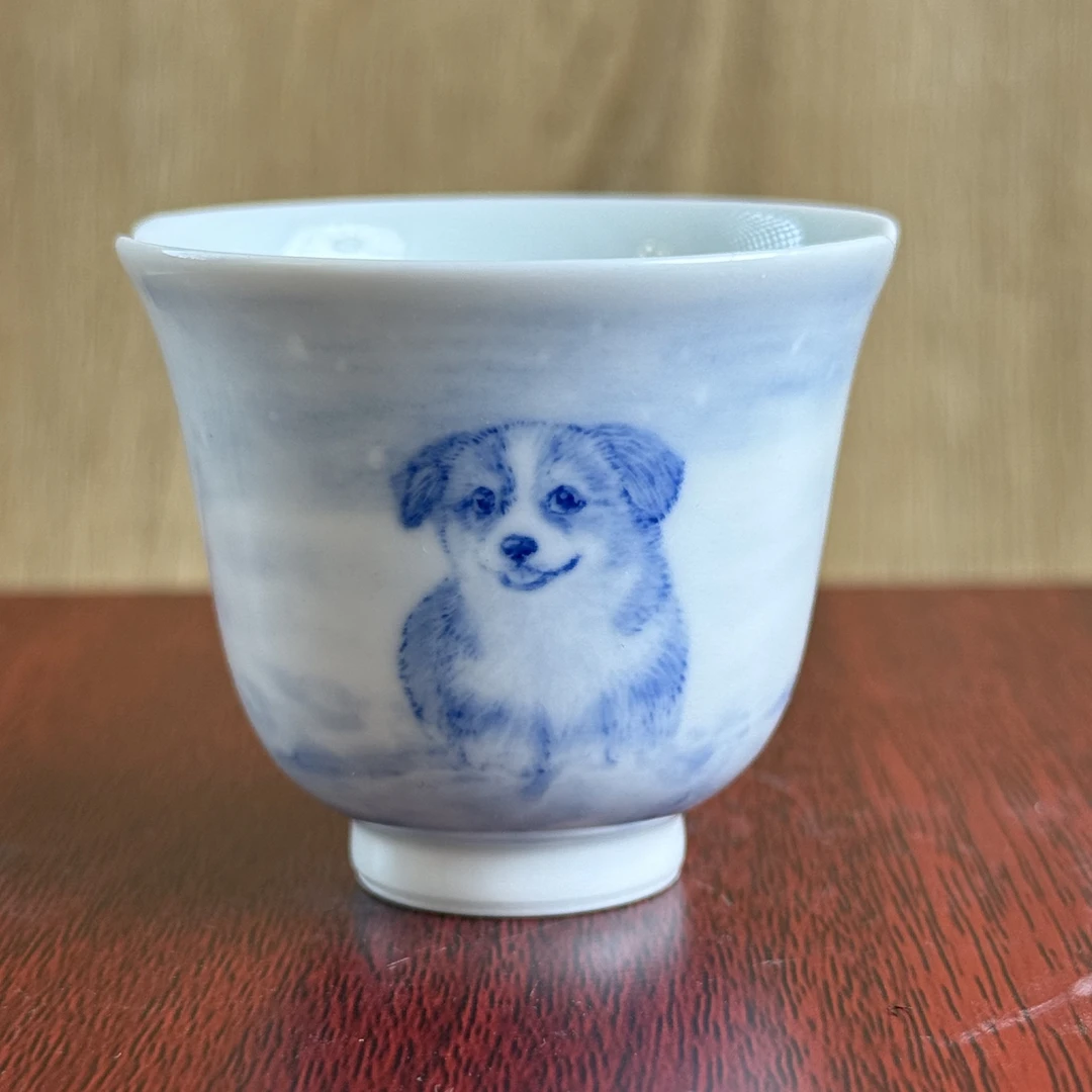 青花花口雪景柯基杯陶瓷主人杯手绘
