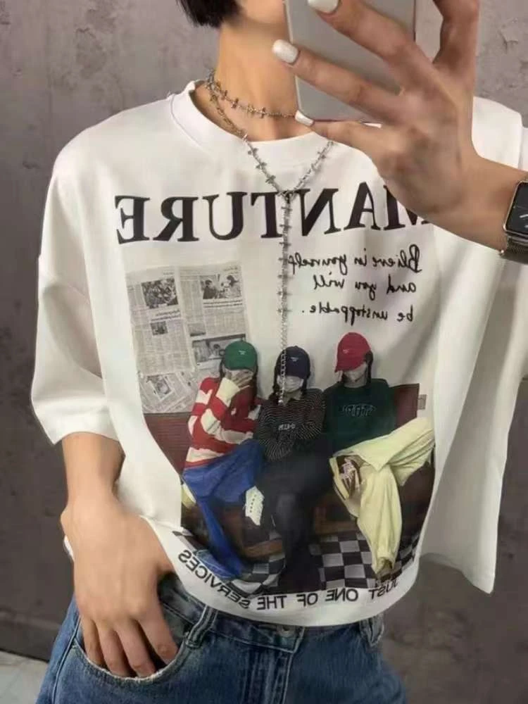 【济州岛】复古美式多女孩人像印花短袖