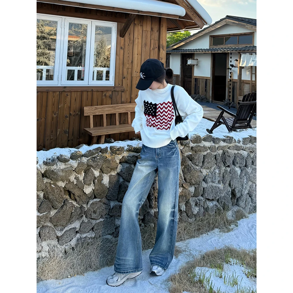 王家有鱼复古蓝水洗直筒牛仔裤女2025秋季新款宽松显瘦百搭阔腿裤