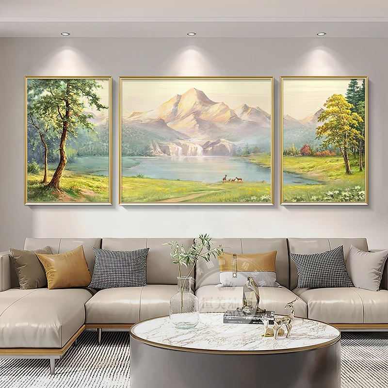 highmax现代轻奢客厅三联画金山聚宝盆风景手绘油画侘寂风挂画