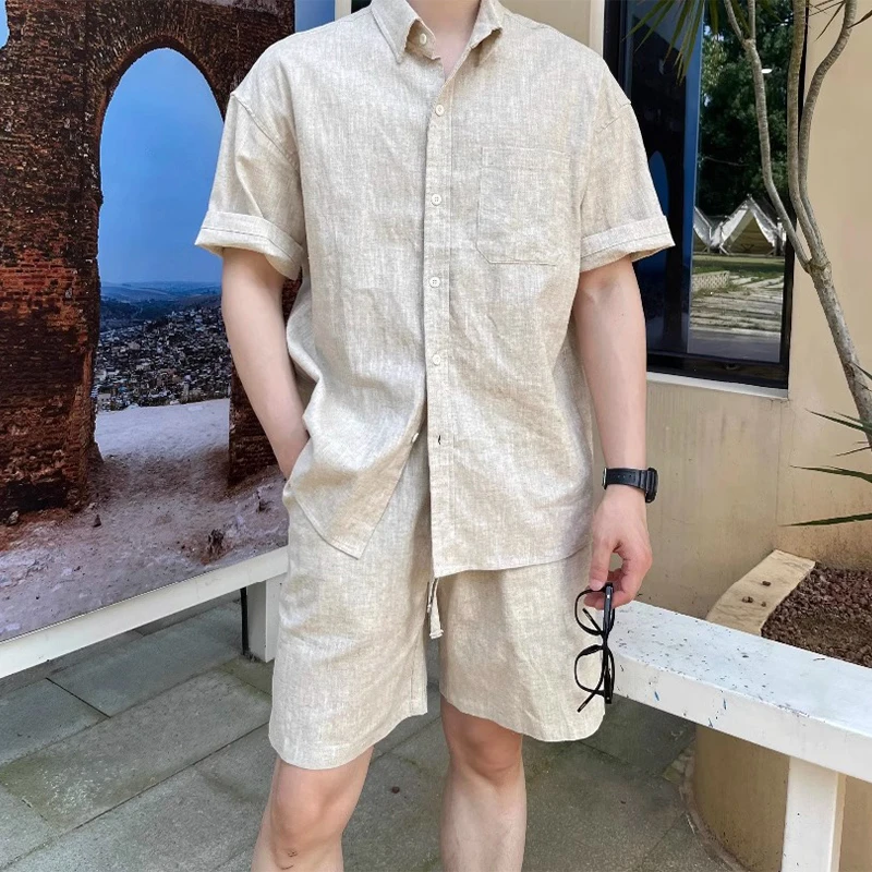 美式凉感亚麻衬衣短裤套装男夏季薄款透气防晒套装简约老钱风衬衣