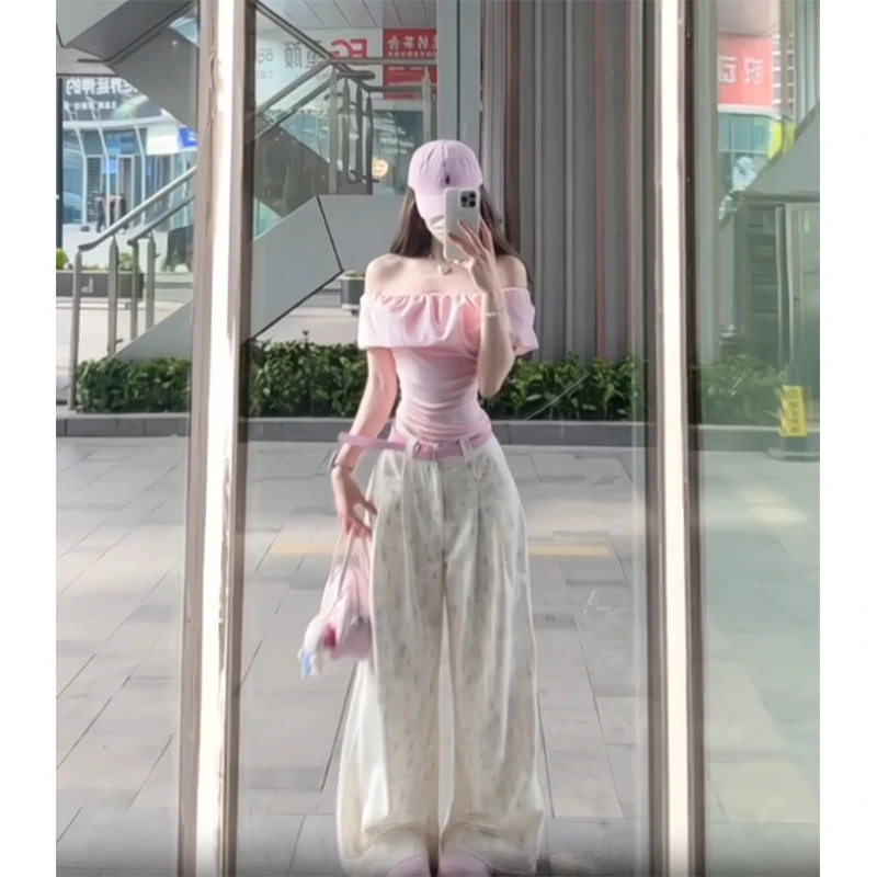 「芭蕾少女」夏季百搭一字肩修身显瘦露肩粉色褶皱上衣女