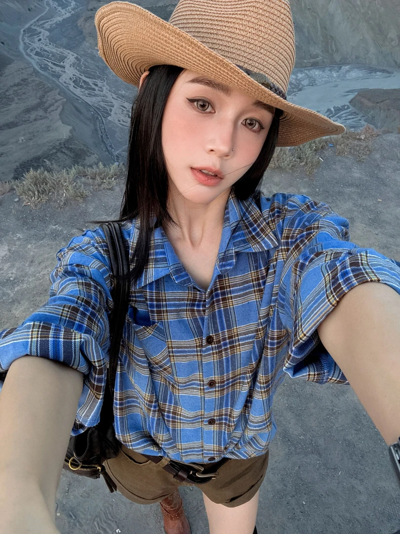 杨九七 格子长袖衬衫女秋季薄款通勤休闲百搭宽松衬衣上衣 7931