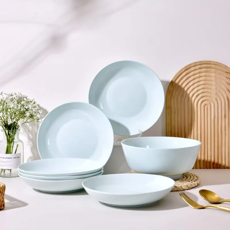 精品青瓷7件套6*7英寸圆盘+8英寸高脚汤碗家用陶瓷餐具耐高温