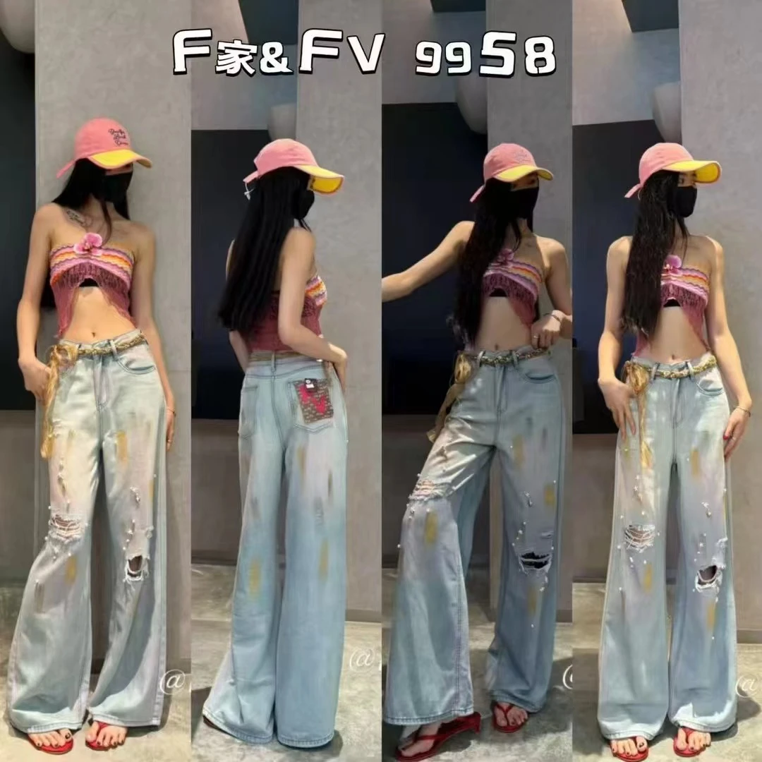 时尚薄款夏季千金风低腰牛仔裤潮流公主洗直筒裤子休闲百搭渐变色