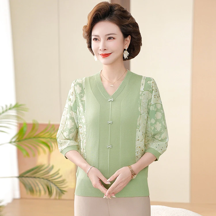 妈妈春装洋气小衫新款纱袖针织V领打底衫中年女春夏冰丝T恤薄上衣