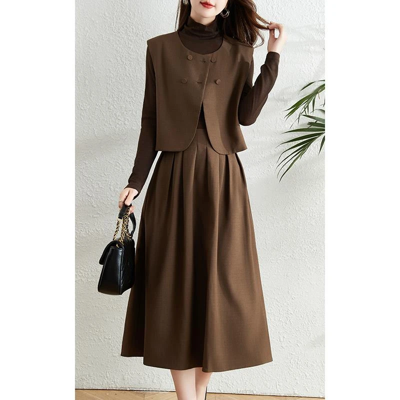 DUCURNO休闲咖色套装女秋季2025新款韩版设计感马甲气质半身裙两