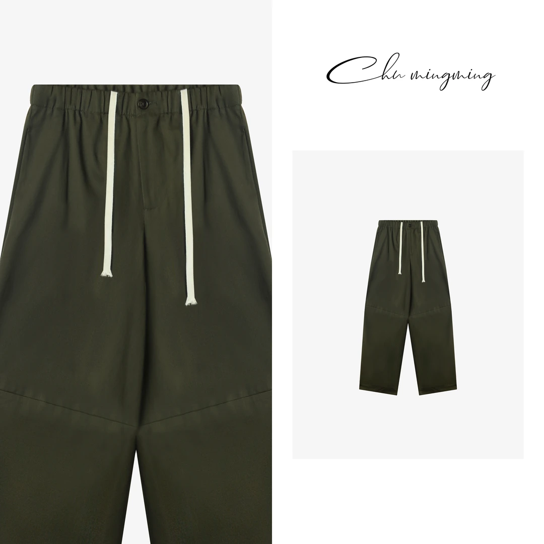 【CHU/2024SSNEW】原创设计《树柠》时尚休闲绿色黑扣素色弯月裤YQ29