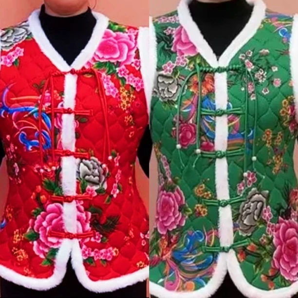 冬季中老年妈妈装东北大花加绒保暖复古马甲