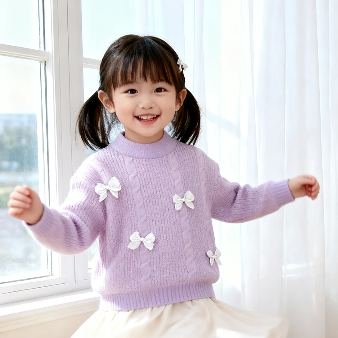 女童加厚儿童秋冬新款洋气女孩超萌百搭圆领套头针织衫时髦打底衫