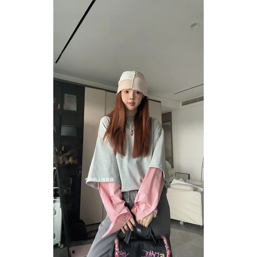 CHACHA【韩女滤镜】休闲时尚百搭灰色拼粉色袖子T恤