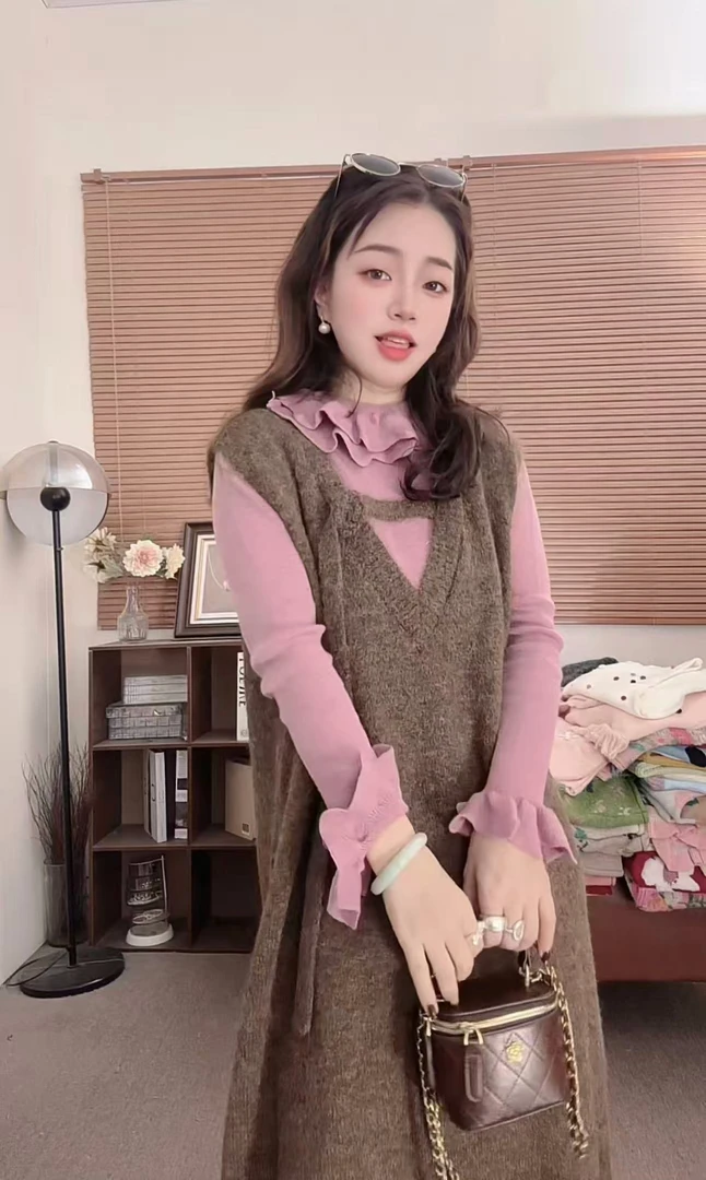 【山茶花】秋款系带v领减龄宽松百搭毛衣裙