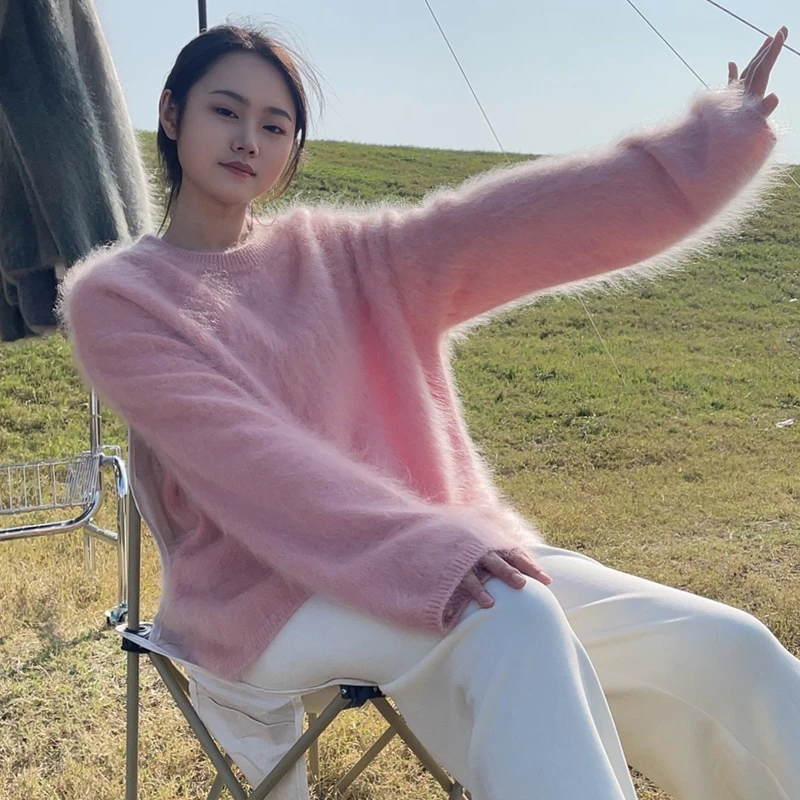 重磅水洗拉绒100%纯山羊绒云柔触感短款圆领毛衣慵懒风拉绒毛衣