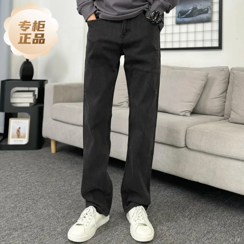 春秋黑色做旧复古美式高街休闲潮牌潮流男装弹力直筒牛仔裤