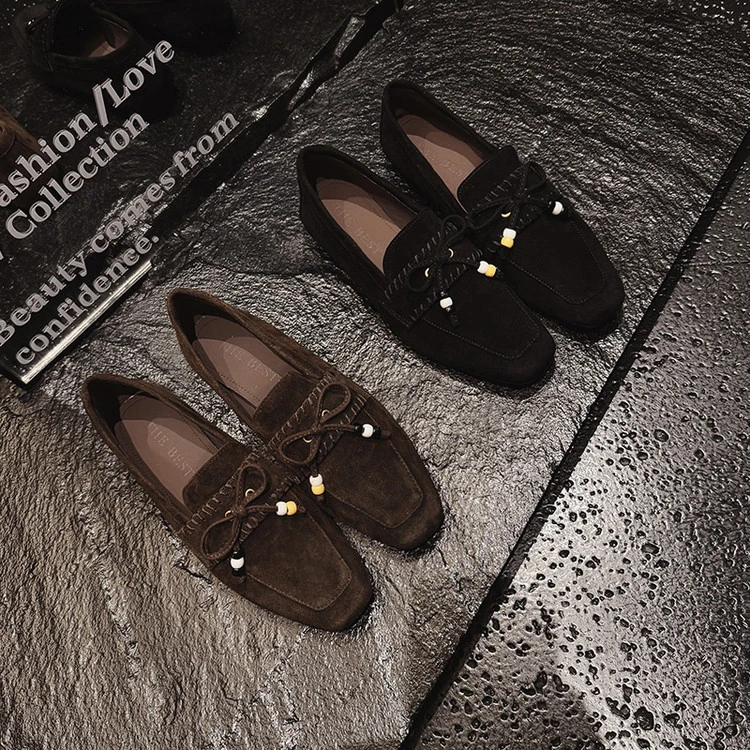 2025年秋季平底真皮绒面珠串乐福鞋女蝴蝶结平底单鞋休闲时尚百搭