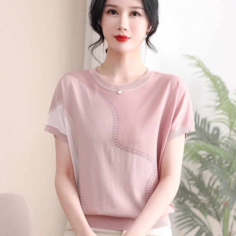 2025新款妈妈夏装洋气冰丝短袖T恤上衣中老年女宽松针织时尚小衫