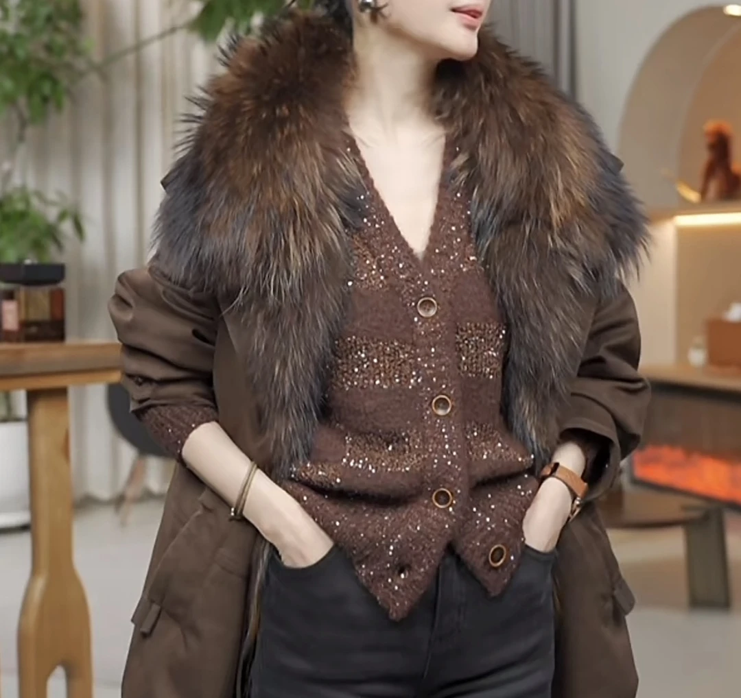 PanYiXiu/潘依绣羊毛格纹亮片慵懒风单排扣V领长袖针织开衫L2797