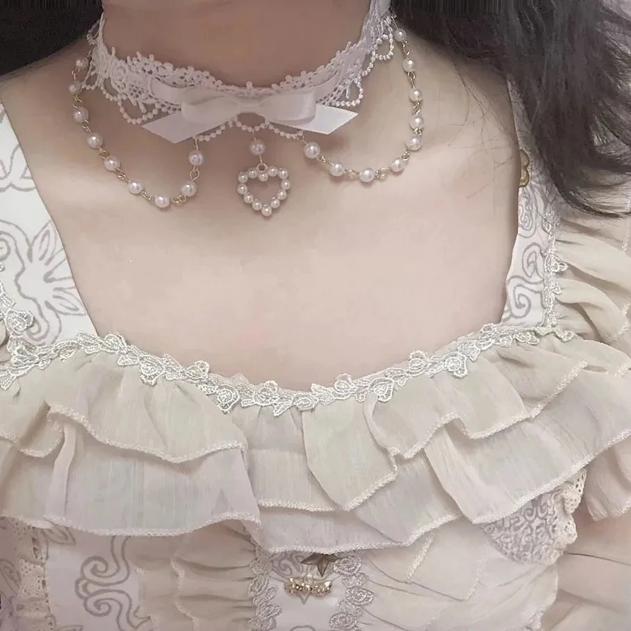 珍珠爱心白色珠链蕾丝原创手作Lolita洛丽塔百搭项圈【30厘米长】