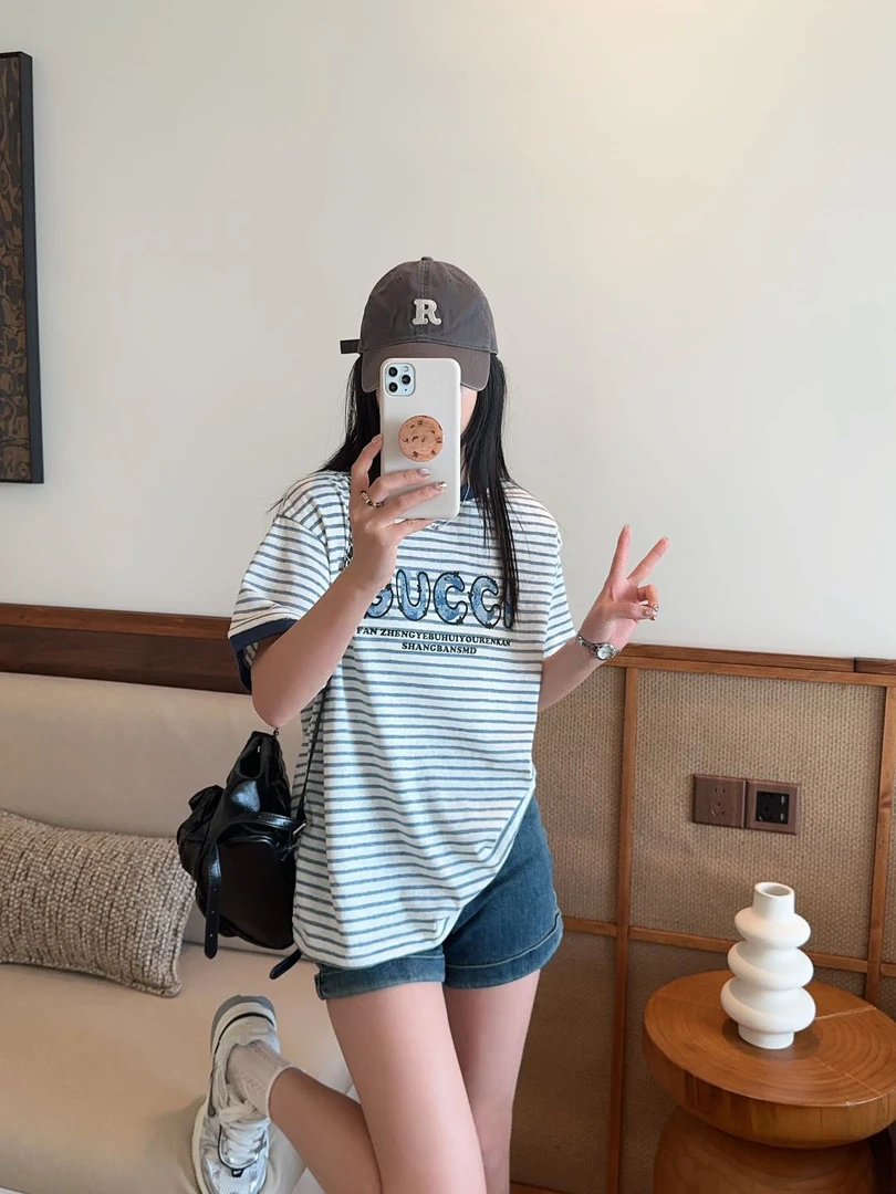 49夏季新款韩版休闲时尚减龄刺绣条纹宽松短袖T恤衫女