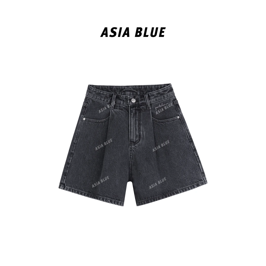 【ASIA BLUE】无弹刺绣褶皱设计牛仔短裤#AB5557