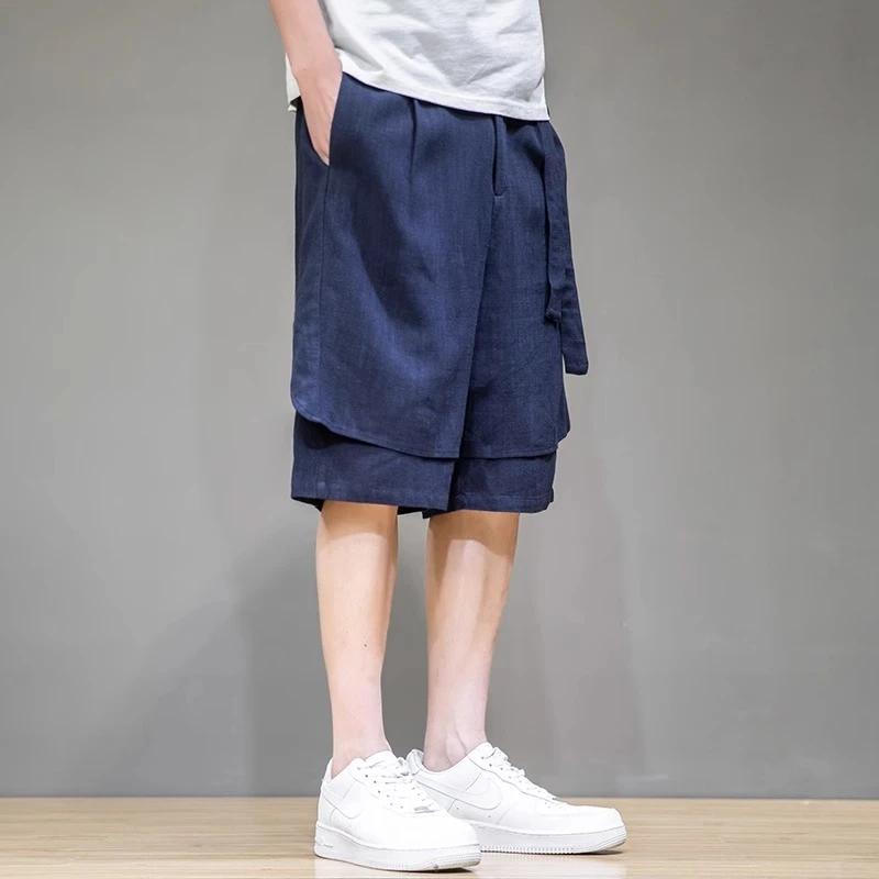 仓石一树潮牌棉麻休闲五分裤男士2025夏季宽松运动大码亚麻短裤