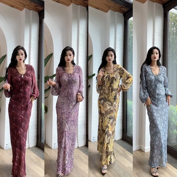 师小姐定制~复古气质收腰修身遮肉显白小众碎花连衣裙5513