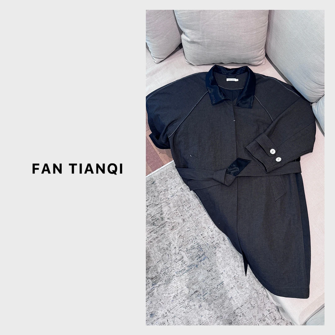 范天奇/FAN TIANQI【墨黑风衣】麻感花纱撞色风衣外套FJOT58078