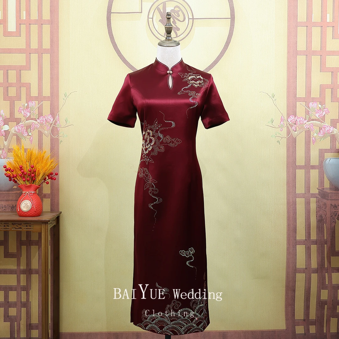 婚宴喜婆婆妈妈结婚礼服复古气质枣红醋酸中长款旗袍夏季2025新款