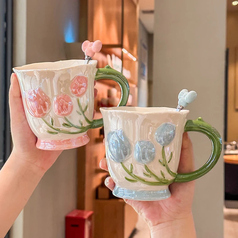 高颜值郁金香马克杯轻奢陶瓷杯子高脚杯伴手礼送女生闺蜜生日礼物