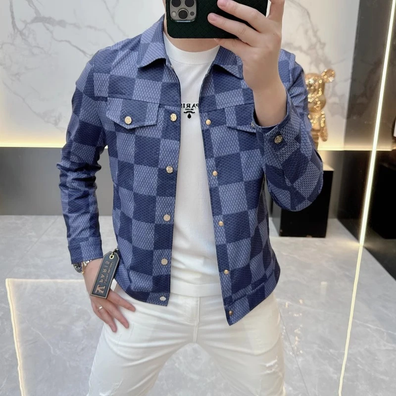 男士翻领休闲夹克2025春季新款潮牌格子印花修身帅气青年薄款外套